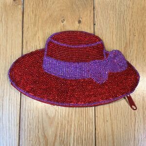 y2K Red sun Hat Beaded Coin Purse with Purple Sash